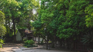 Shaoxing, Çin 'in merkezindeki ağaçların arkasındaki ev.
