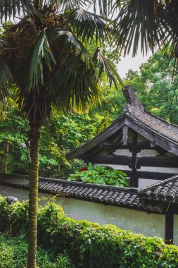 Çin 'in Shaoxing kentindeki ağaçlar (Shen Garden) arasında geleneksel Çin mimarisi