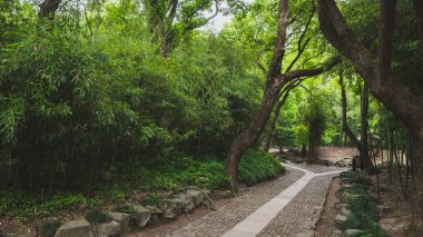 Lanting 'deki ağaçlar arasındaki patika (Orkide Pavyonu) Shaoxing, Çin' deki manzaralı alan