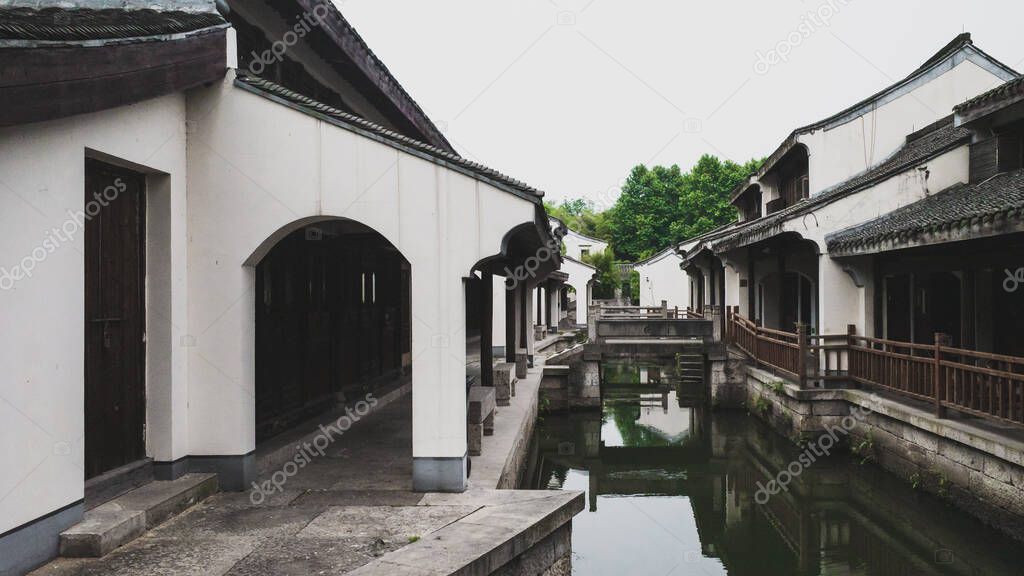 Traditional Chinese architecture by canal in Lanting (Orchid Pavilion) scenic area in Shaoxing, China