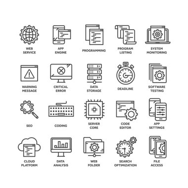 SEO ve uygulama geliştirme. Arama Motoru Optimizasyonu. Internet, e-ticaret. İnce çizgi siyah web simge seti. Anahat simgeleri koleksiyonu. Vektör çizim.