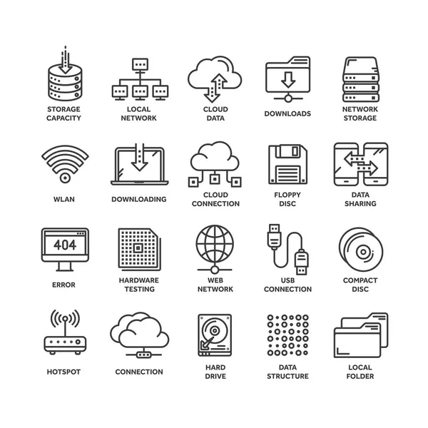 Przetwarzanie w chmurze. Technologii internetowych. Usługi online. Danych, bezpieczeństwo informacji. Połączenia. Zestaw ikon web czarna cienka linia. Kolekcja ikony konspekt. Ilustracja wektorowa. — Wektor stockowy