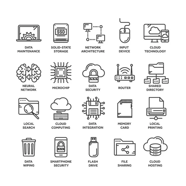 云计算。互联网技术。在线服务。数据, 信息安全。连接.细线黑色 web 图标集。大纲图标集合。矢量插图. — 图库矢量图片