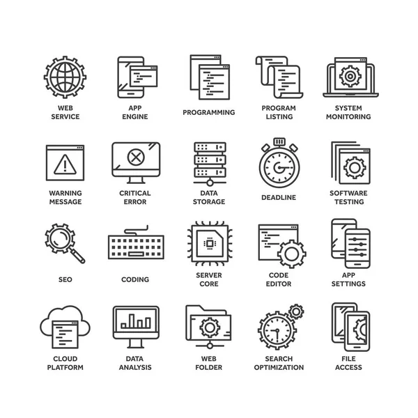 Seo とアプリ開発。検索エンジン最適化。インターネット、e コマース。細い線黒の web アイコンを設定します。概要アイコンのコレクション。ベクトル図. — ストックベクタ