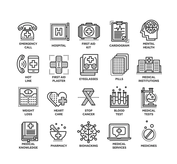 Gezondheidszorg, geneeskunde. Eerste hulp. Medische tests van het bloed en diagnose. Hart cardiogram. Pillen en drugs. Dunne lijn zwarte web pictogrammenset. Overzicht pictogrammen collectie. Vectorillustratie. — Stockvector