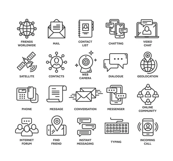 Communication. Social media. Online chatting. Phone call, app messenger. Mobile,smartphone. Computing.Email. Thin line black web icon set. Outline icons collection. Vector illustration. — Stock Vector