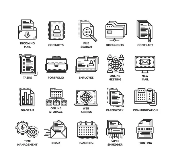 ビジネスやオフィスを仕事します。ドキュメント、書類。実業家。細い線黒の web アイコンを設定します。概要アイコンのコレクション。ベクトル図. — ストックベクタ