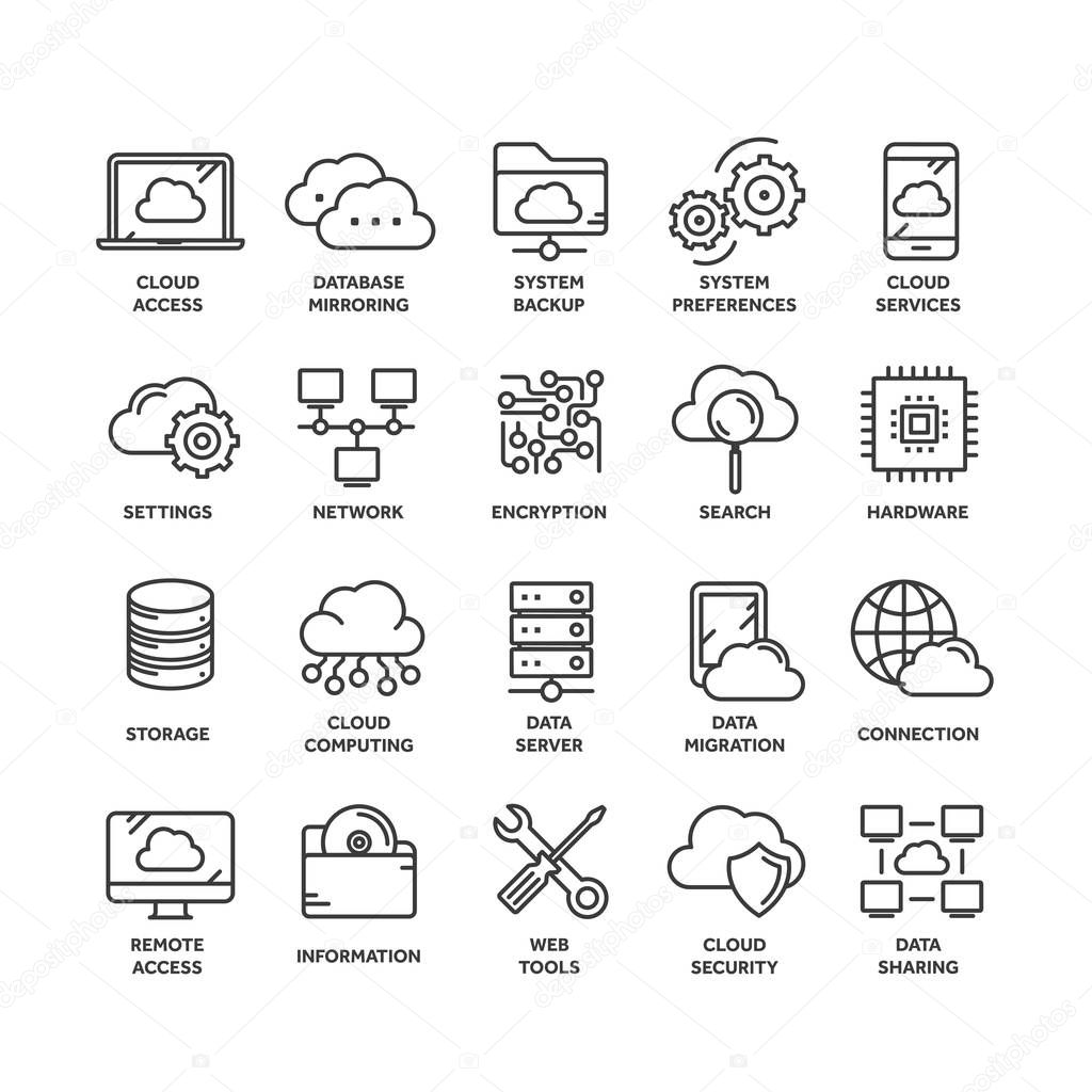 Cloud computing. Internet technology. Online services. Data, information security. Connection. Thin line black web icon set. Outline icons collection.Vector illustration.
