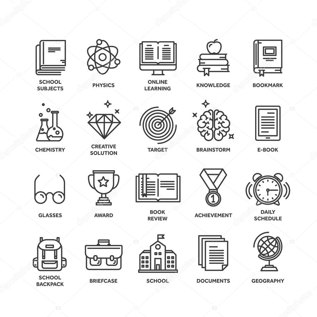School education, university. Study, learning process. Oline lessons, tutorial. Student knowledge. History book.Thin line black web icon set. Outline icons collection.Vector illustration.