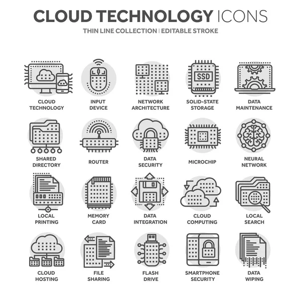 Computación en nube. Tecnología de Internet. Servicios en línea. Datos, seguridad de la información. Conexión. Conjunto de iconos web negros de línea delgada. Esquema de iconos collection.Circle elemento . — Archivo Imágenes Vectoriales