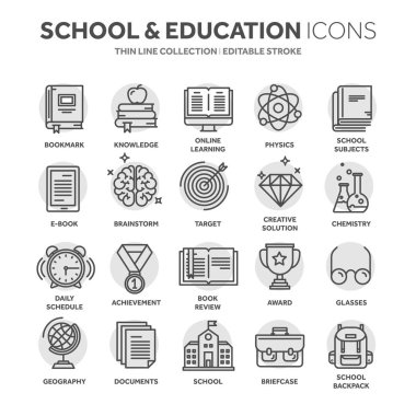 Okul eğitim, üniversite. Çalışma, öğrenme sürecinde. Oline dersleri, öğretici. Öğrenci bilgi. Tarih kitabı. İnce çizgi siyah web simge seti. Anahat simgeleri koleksiyonu. Daire öğesi.