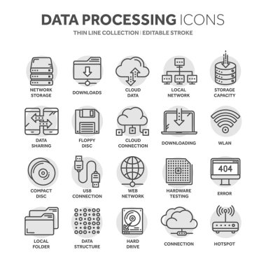 Bulut bilgisayar. Internet teknolojisi. Çevrimiçi hizmetler. Veri, bilgi güvenliği. Bağlantı. İnce çizgi siyah web simge seti. Anahat simgeleri koleksiyonu. Daire öğesi.