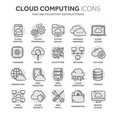 Bulut bilgisayar. Internet teknolojisi. Çevrimiçi hizmetler. Veri, bilgi güvenliği. Bağlantı. İnce çizgi siyah web simge seti. Anahat simgeleri koleksiyonu. Daire öğesi.