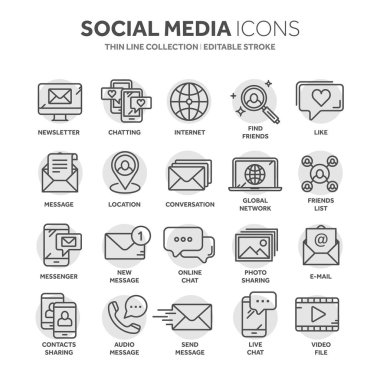 İletişim. Sosyal medya. Online sohbet. Telefon görüşmesi, app haberci. Mobil, smartphone. Computing.Email. ince çizgi siyah web simge seti. Anahat simgeleri koleksiyonu. Daire öğesi.