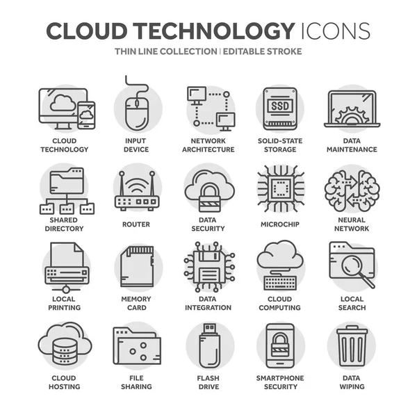 Computación en nube. Tecnología de Internet. Servicios en línea. Datos, seguridad de la información. Conexión. Conjunto de iconos web negros de línea delgada. Esquema de iconos collection.Circle elemento . — Archivo Imágenes Vectoriales