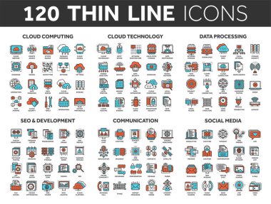 Bilgisayar ve teknoloji bulut. Veri depolama. SEO, geliştirme. Sosyal ağ iletişimi. Internet bağlantısı. E-posta iletisi. İnce çizgi mavi ve kırmızı Icons set. Kontur.