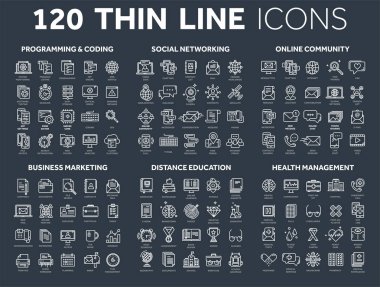 Programlama, kodlama. Veri yönetimi. Sosyal ağ, bilgisayar. Bilgi. Internet bağlantısı. İş pazarlama. Okul ve eğitim. Tıp. İnce çizgi Icons set. Beyaz kontur.