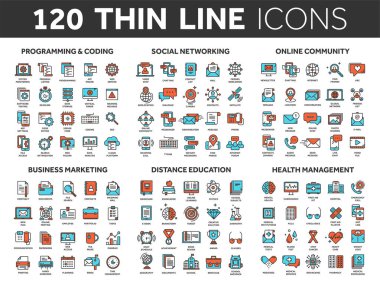 Programlama, kodlama. Veri yönetimi. Sosyal ağ, bilgisayar. Bilgi. Internet bağlantısı. İş pazarlama. Okul ve eğitim. Tıp. İnce çizgi mavi ve kırmızı Icons set. Kontur.