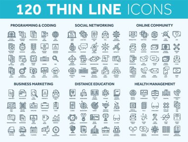 Programming,coding. Data management. Social network, computing. Information. Internet connection. Business marketing. School and education. Medicine. Thin line blue icons set. Stroke. clipart svg vector 