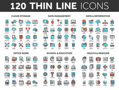 Bulut depolama. Veri yönetimi. Bilgi işlem. Bilgi. Internet bağlantısı. Ofis işi. Okul ve eğitim. Tıp. İnce çizgi mavi ve kırmızı Icons set. Kontur.