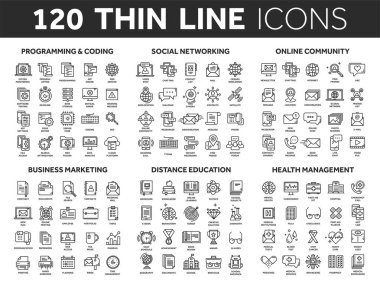 Programming,coding. Data management. Social network, computing. Information. Internet connection. Business marketing. School and education. Medicine. Thin line black icons set. Stroke. clipart svg vector 
