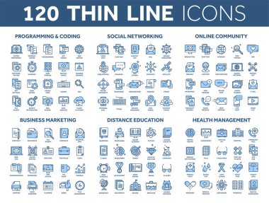 Programming,coding. Data management. Social network, computing. Information. Internet connection. Business marketing. School and education. Medicine. Thin line blue icons set. Stroke. clipart svg vector 