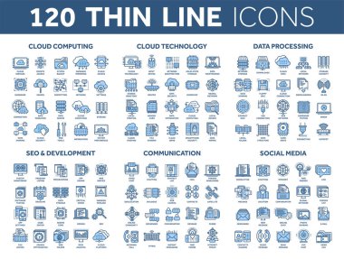 Bilgisayar ve teknoloji bulut. Veri depolama. SEO, geliştirme. Sosyal ağ iletişimi. Internet bağlantısı. E-posta iletisi. İnce çizgi mavi simgeler kümesi. Kontur.