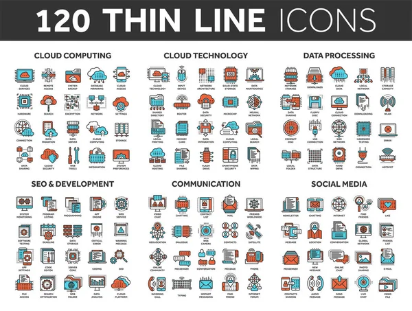 Computación en la nube y tecnología.Almacenamiento de datos. Seo, desarrollo. Red social, comunicación. Conexión a Internet. Mensaje de correo electrónico. Conjunto de iconos de línea delgada azul y rojo. Ataque . — Archivo Imágenes Vectoriales