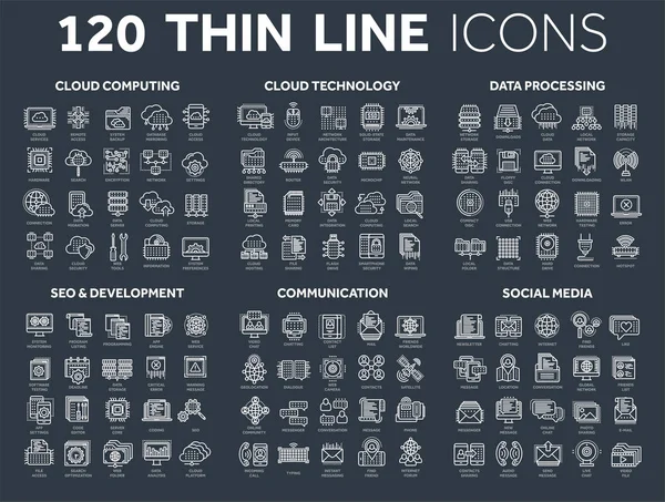 Bilgisayar ve teknoloji bulut. Veri depolama. SEO, geliştirme. Sosyal ağ iletişimi. Internet bağlantısı. E-posta iletisi. İnce çizgi Icons karanlık set. Beyaz kontur.