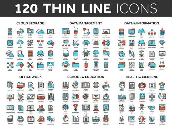 Bulut depolama. Veri yönetimi. Bilgi işlem. Bilgi. Internet bağlantısı. Ofis işi. Okul ve eğitim. Tıp. İnce çizgi mavi ve kırmızı Icons set. Kontur.