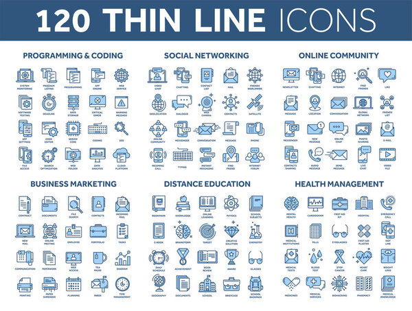 Programming,coding. Data management. Social network, computing. Information. Internet connection. Business marketing. School and education. Medicine. Thin line blue icons set. Stroke.
