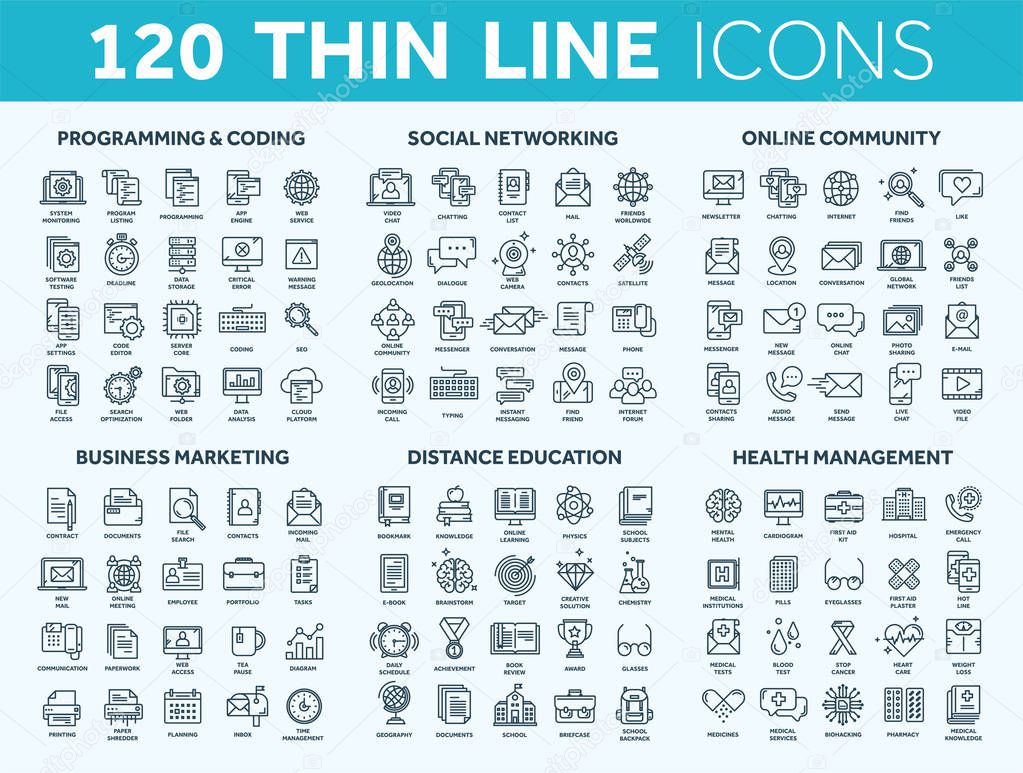Vector of Programming,coding. Data management. Social network, computing. Information. Internet connection. Business marketing. School and education. Medicine. Thin line blue icons set. Stroke. Programming,coding. Data management. Social network, computing. Information. Internet connection. Business marketing. School and education. Medicine. Thin line blue icons set. Stroke. stock vector