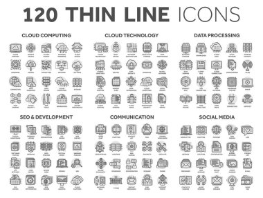 Bilgisayar ve teknoloji bulut. Veri depolama. SEO, geliştirme. Sosyal ağ iletişimi. Internet bağlantısı. E-posta iletisi. İnce çizgi siyah kutsal kişilerin resmi daire ile ayarlama. Kontur.