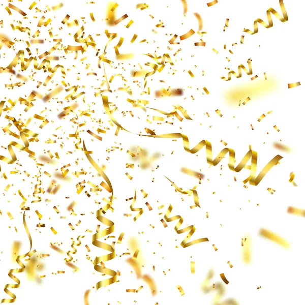 Gouden confetti met lint. Dalende glanzende confetti glitters in gouden kleur. Nieuwjaar, een verjaardag, Valentijnsdag ontwerpelement. Holiday Kerstmis achtergrond. — Stockvector