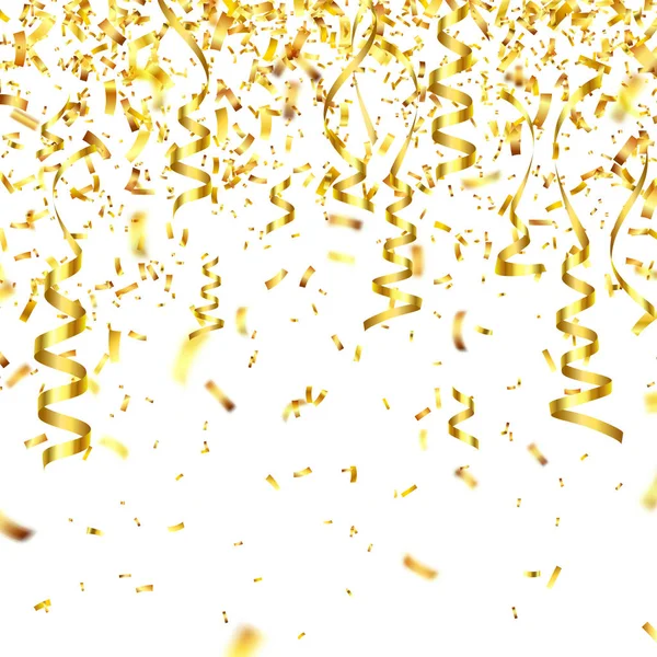 Χρυσό Κουφέτο με κορδέλα. Πτώση γυαλιστερά κομφετί λάμπει σε χρυσό χρώμα. Νέο έτος, γενέθλια, ημέρα του Αγίου Βαλεντίνου στοιχείο σχεδίασης. Διακοπές Χριστουγέννων φόντο. — Διανυσματικό Αρχείο