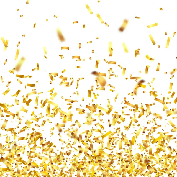 Goldenes Konfetti mit Schleife. Herabfallendes Konfetti glitzert in Goldfarbe. Neues Jahr, Geburtstag, Valentinstag Gestaltungselement. Weihnachten im Hintergrund. — Stockvektor