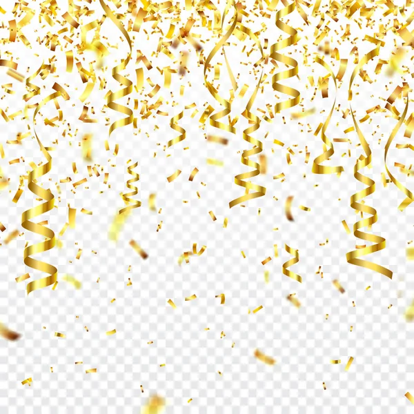 Coriandoli dorati con nastro. Brillantini di coriandoli luccicanti in colore oro. Anno nuovo, compleanno, elemento di design di San Valentino. Natale sfondo vacanza . — Vettoriale Stock