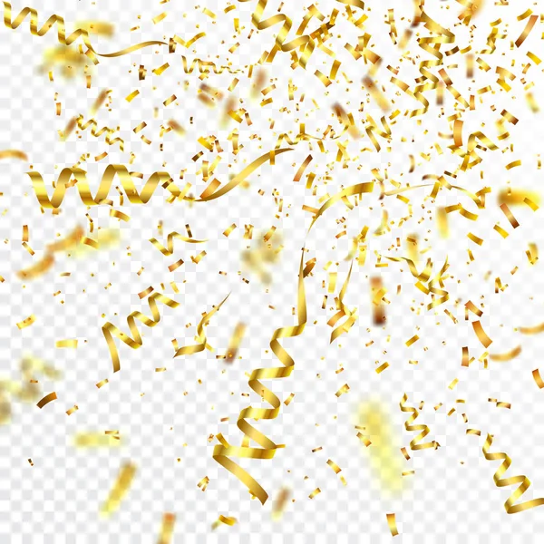 Golden confetti with ribbon. Falling shiny confetti glitters in gold color. New year, birthday, valentines day design element. Holiday christmas background. — Stock Vector