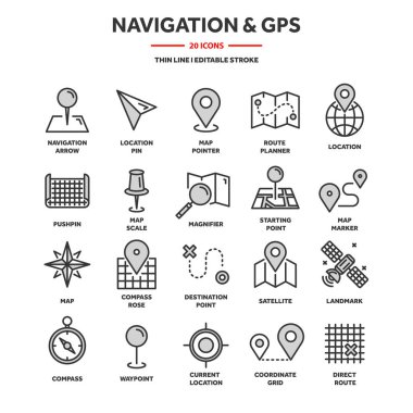 Harita ve navigasyon. GPS koordinatları. Konumu simgeler. Hat sanatı.