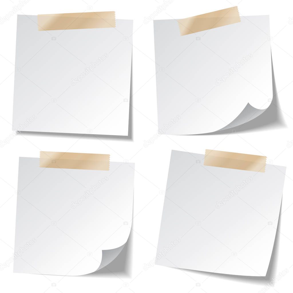 Sticky paper note with tape and shadow isolated on white background. Blank. Set.