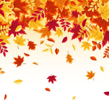 Sonbahar yaprakları. Kırmızı, turuncu, sarı yapraklı doğa. Uçan yaprak. Sezon indirimi. Vektör illüstrasyonu.