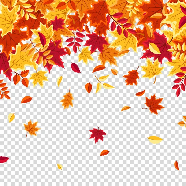 Folhas que caem no outono. Natureza fundo com vermelho, laranja, folhagem amarela. Folha voadora. Venda de temporada. Ilustração vetorial. — Vetor de Stock