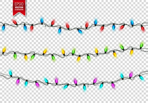 Feestelijke Kerstverlichting Decoratieve Gloeiende Garland Geïsoleerd Achtergrond Glanzende Kleurrijke Decoratie — Stockvector