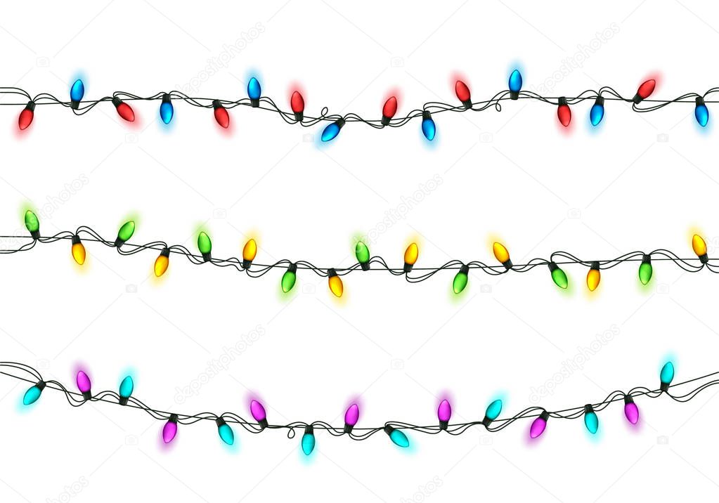 Christmas Festive Lights. Decorative Glowing Garland Isolated on White Background. Shiny Colorful Decoration for Christmas and New Year Holidays.