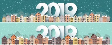 2019. kış kentsel peyzaj. Kar ile şehir. Noel ve yeni yıl. Cityscape. Buildings.Vector resimde. Yazı.