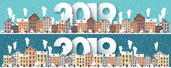 2019. winter stadslandskap. Staden med snö. Jul och nyår. Stadsbilden. Buildings.Vector illustration. Bokstäver. — Stock vektor