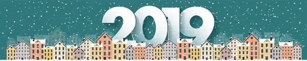 2019. Paisaje urbano invernal. Ciudad con nieve. Navidad y año nuevo. Paisaje urbano. Buildings.Vector illustration.Lettering . — Vector de stock