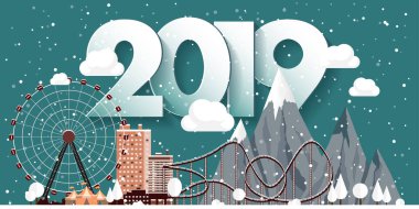 Vektör çizim. 2019 kış kentsel peyzaj. Kar ile şehir. Noel ve yeni yıl. Cityscape. Buildings.Mountaines, doğa. Dönme dolap, park.
