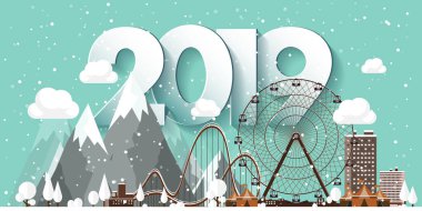 Vektör çizim. 2019 kış kentsel peyzaj. Kar ile şehir. Noel ve yeni yıl. Cityscape. Buildings.Mountaines, doğa. Dönme dolap, park.