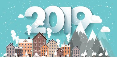 Vektör çizim. 2019 kış kentsel peyzaj. Kar ile şehir. Noel ve yeni yıl. Cityscape. Buildings.Mountaines, doğa.